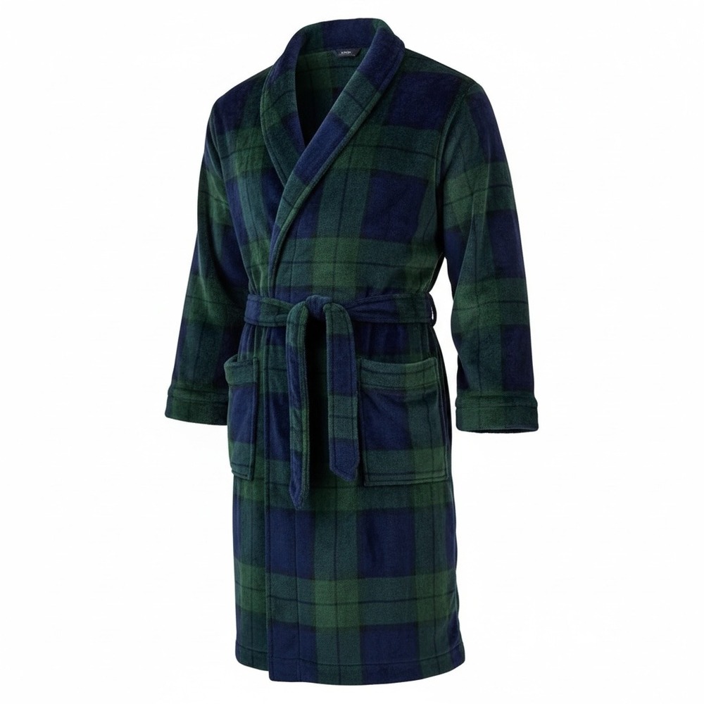 Club Room mens  Navy / Hunter Green Plaid Belted Plush Pajama Robe S/M‎
